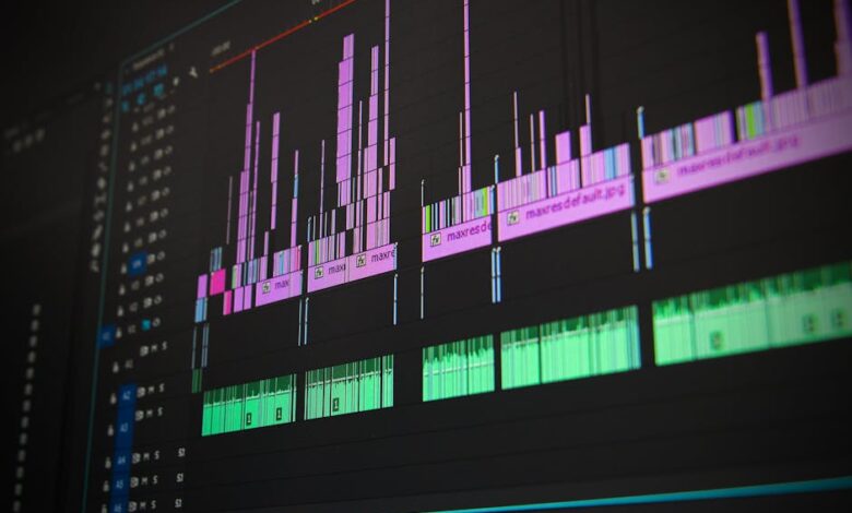 Close-up of a professional audio and video editing software interface with waveform displays.